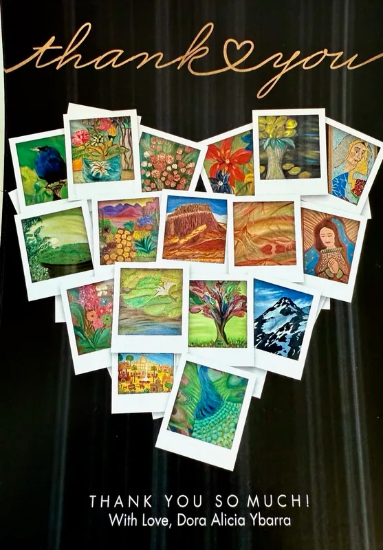 A black thank-you card with small photos of Dora’s paintings arranged in a heart.