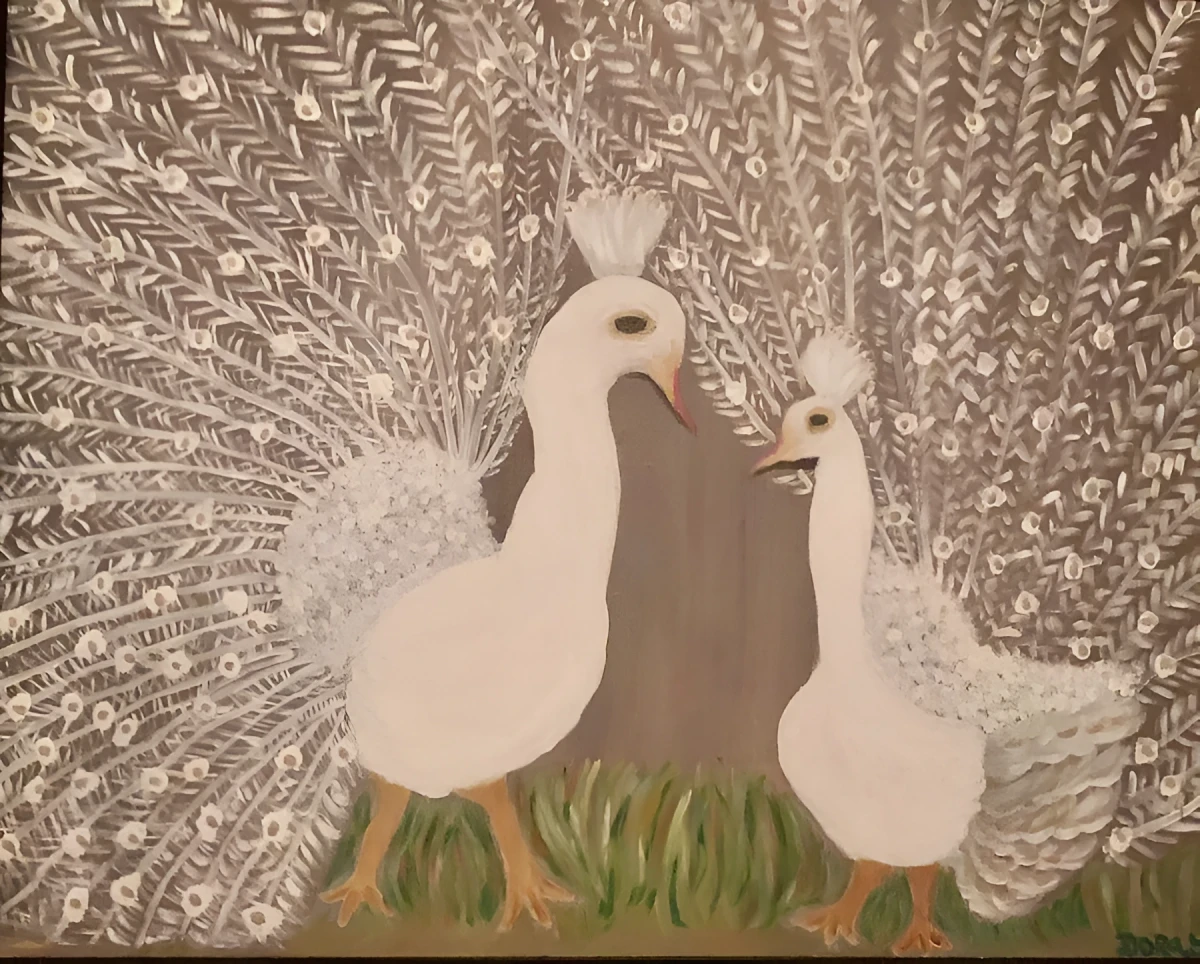 Pure White Peacocks #2, Painting - Oil On Canvas by Dora Ybarra