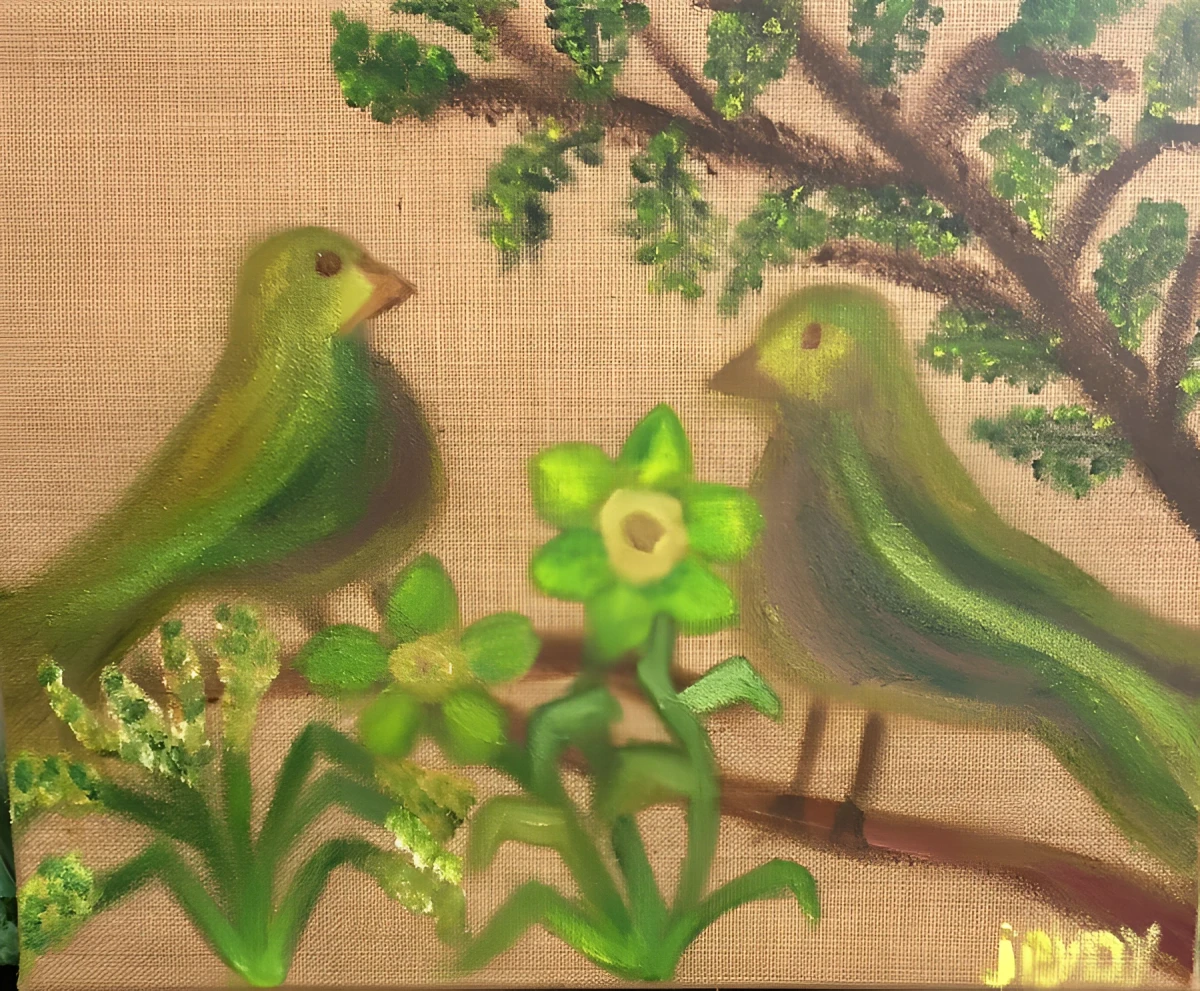 Bird Whispers, Painting - Oil On Burlap by Dora Ybarra