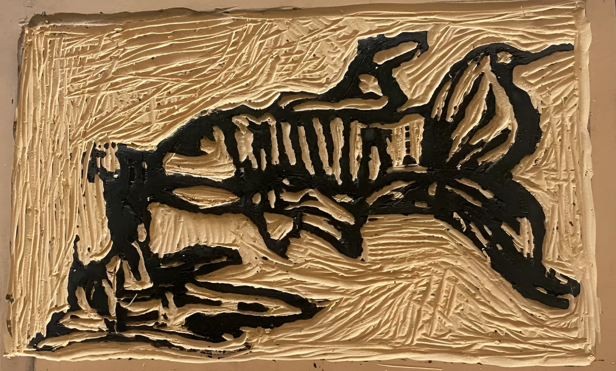 My Bottle Crosslink Fish, Relief - Lino Plate Carving And Paint by Dora Ybarra